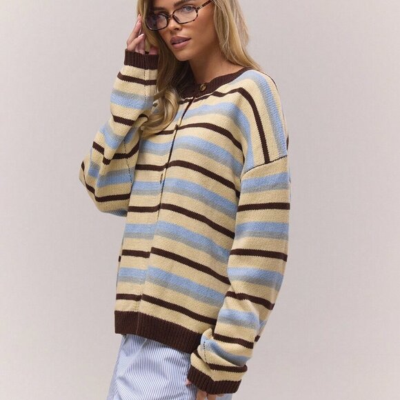 Womens Oversized Button Through Drop Shoulder Knitted Stripe cardigan sweater - Picture 2 of 5